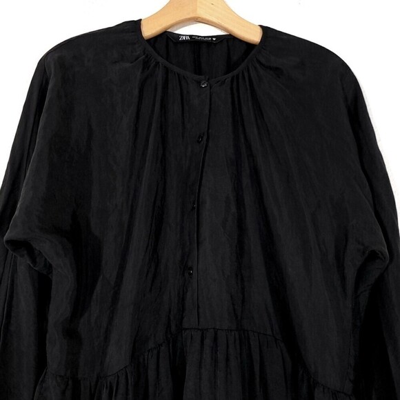 NEW Zara Tiered Button Front Babydoll Mini with Lantern Sleeves in Black Small - Picture 4 of 12